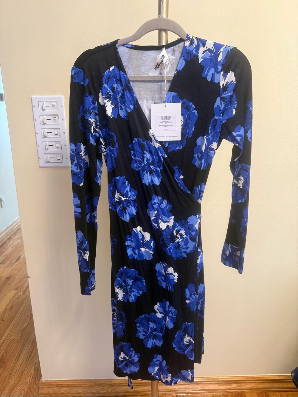 Diane Von Furstenberg Black Wrap Dress with Royal Blue Floral Print